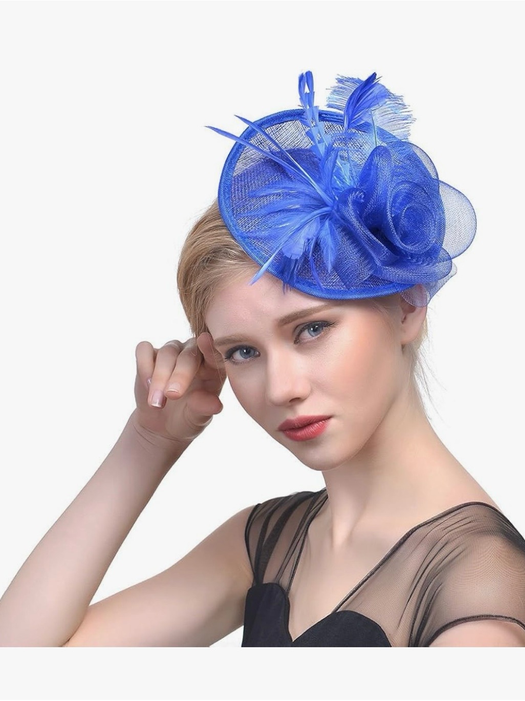 Two Feathered Fascinator Headpieces For Women Royal Blue And White